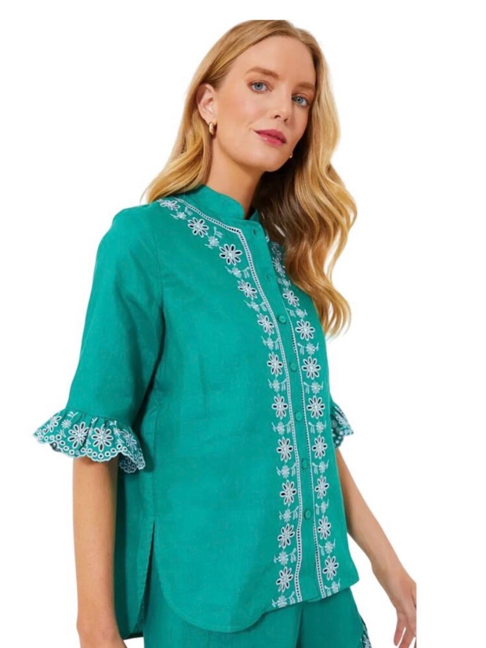Embroidered Teal Women’s Button-Down Top Tuckernuck hyacinth house NWT XS - Picture 2 of 3
